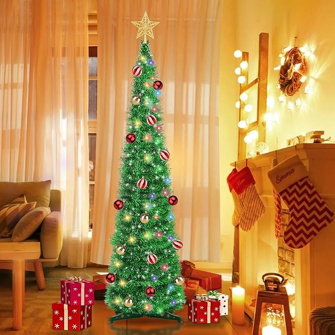 5FT Pop Up Christmas Tree with Timer 60 Warm White & Multi Color Fairy Light 3D Star 25 Ball Ornament, Green Tinsel Christmas Tree Slim Pencil Xmas Tree Home Office Holiday Decor Indoor Outdoor