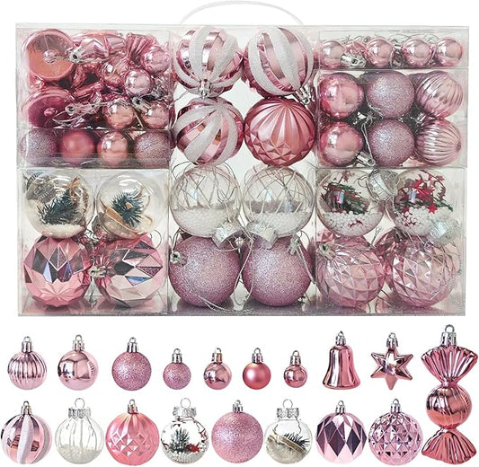 ILLUMINEW 111-Pack Christmas Balls Ornaments,Assorted Shatterproof Pink Christmas Ornaments Set, Luxurious Hanging Pendants Package for Tree Party Holiday Indoor Decor