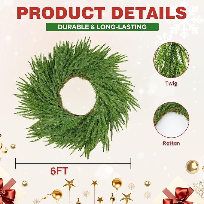2Pcs 6FT Christmas Norfolk Pine Garlands,Real Touch Garland, Faux Greenery Garland for Fireplace Mantle Indoor Outdoor Holiday Party Home Decor（2-Pack）