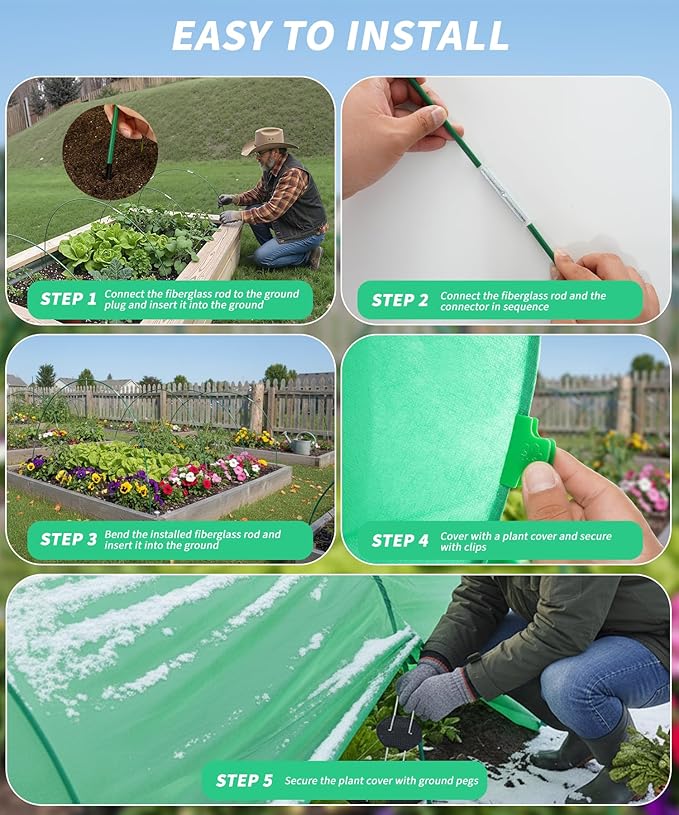 NEW Plant Covers Freeze Protection Kit,10x33FT 1.3 oz/yd² Frost Blanket,36 Hoop,12 Peg,Reusable Garden Bed Covers for Winter,Greenhouse Tunnel,Snow & Pest Protection for Outdoor Plant & Raised Bed