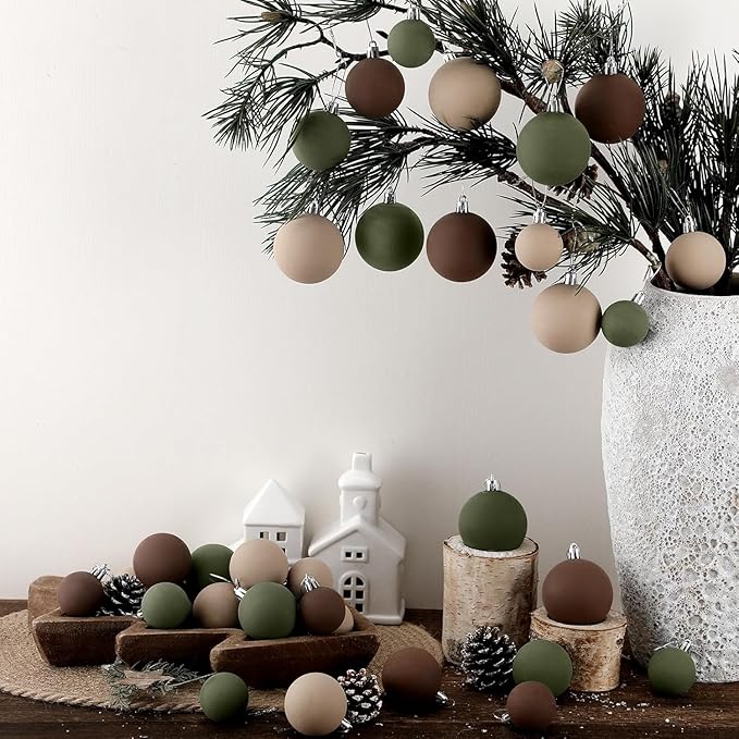 24 Pcs Neutral Matte Christmas Ball Ornaments 2.4 Inch Rustic Boho Brown Green Tan Xmas Bulbs Ornament Vintage Xmas Baubles Modern Christmas Decor for Tree Farmhouse Decor