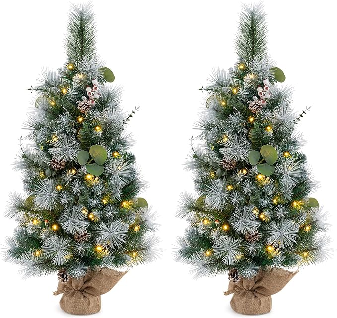 Goplus 3ft Pre-Lit Mini Tabletop Christmas Tree, 2 Pack Artificial Small Battery Operated Xmas Tree with 30 Warm White LED Lights, Timer, 98 Flocked PVC & Pine Needles, for Home Office Decoration