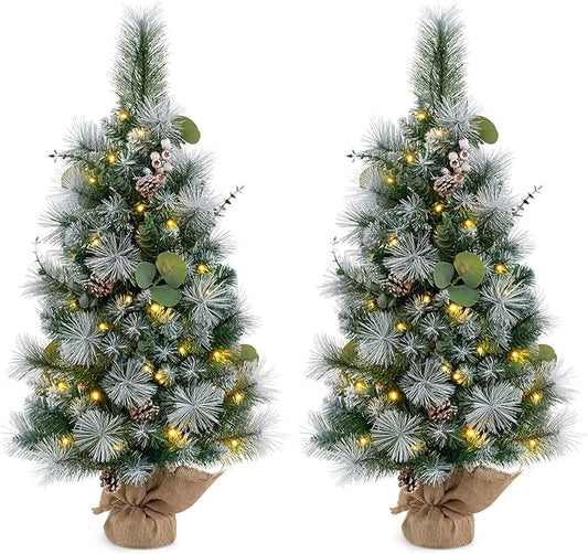 Goplus 3ft Pre-Lit Mini Tabletop Christmas Tree, 2 Pack Artificial Small Battery Operated Xmas Tree with 30 Warm White LED Lights, Timer, 98 Flocked PVC & Pine Needles, for Home Office Decoration
