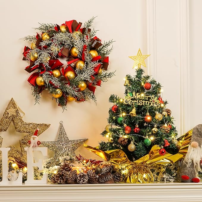 XmasExp 20in Mini Christmas Tree Artificial Small Christmas Tree with Lights,Star Treetop,Ornaments Balls,Bells and Pine Cones DIY Xmas Decorations Green