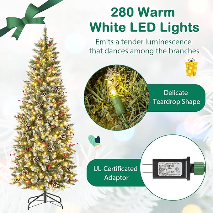 GOFLAME 6FT Pre-Lit Pencil Christmas Tree, Artificial Xmas Tree with 618 Branch Tips, 33 Pine Cones, 32 Clusters of Red Berries & 280 Warm White LED Lights, Holiday Decoration Tree for Home Party