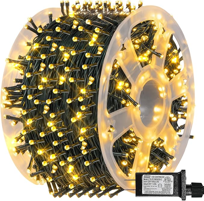 Dazzle Bright 164 FT 500 LED Christmas String Lights, Waterproof Green Wire String Lights with 8 Modes, Outdoor Christmas Decorations for Indoor Garden Party Yard Decor (Warm White)