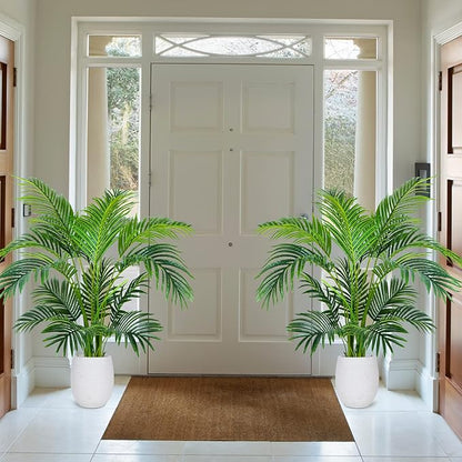 Worth Garden 4ft Artificial Areca Palm Plant 2 Packs in Pot, Fake Cane Palm Silk Tree Indoor Outdoor, Dypsis Lutescens, 47in Lifelike Faux Silk Plant Home Decor, Two Linen Bags Included