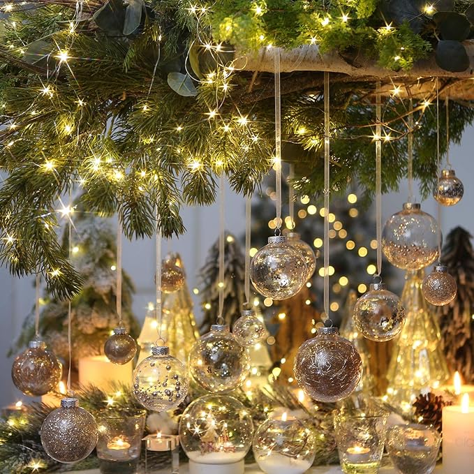 Sea Team 50mm/1.97" Shatterproof Clear Plastic Christmas Tree Ball Ornaments Set, Decorative Hanging Transparent Xmas Baubles with Stuffed Delicate Decorations (30 Counts, Champagne)