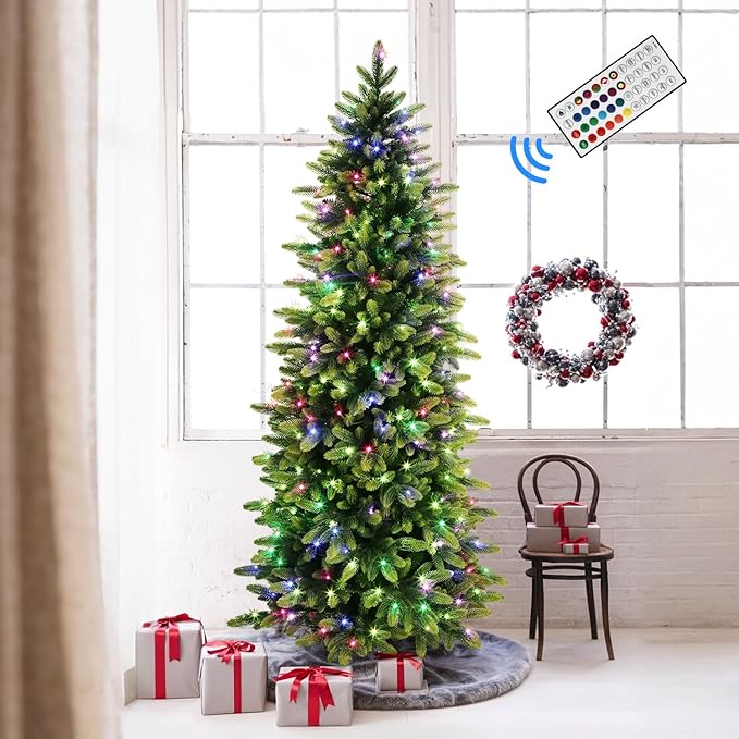 Alupssuc 7ft Prelit Artificial Hinged Pencil Christmas Tree with 330 Multi-Color Changing RGB Lights and 1809 PE & PVC Branch Tips, Remote Control 7 Feet Pre-Lit Slim Tree for Xmas Decoration, Green