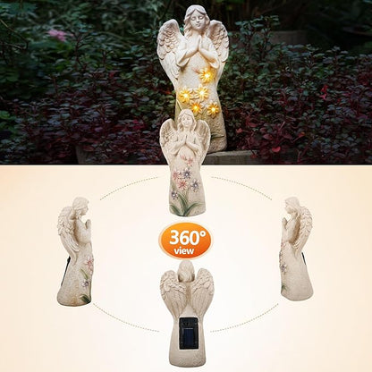 Garden Angel Statues Outdoor Decor 9.6 inches 6 LED Lights Solar Outdoor Sculptures for Outside Yard Art Patio Balcony Front Lawn Ornaments Gifts for Mom Grandma Women