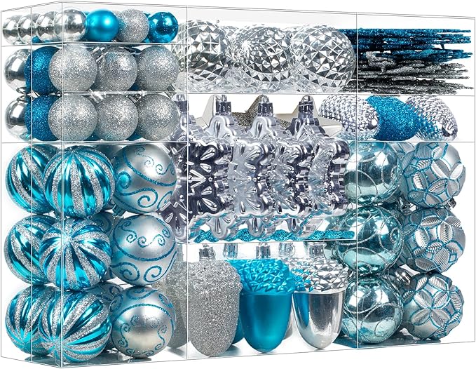 110Pcs Christmas Ball Ornaments Set, Assorted Blue and Silver Christmas Ornaments for Xmas Tree, Shatterproof Plastic Baubles Hanging Decorations for Holiday/Party/Wedding