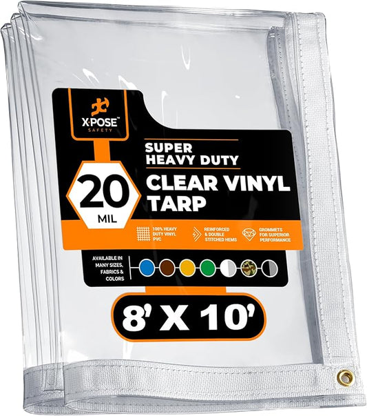 8' x 10' Clear Vinyl Tarp - Super Heavy Duty 20 Mil Transparent Waterproof PVC Tarpaulin with Brass Grommets - for Patio Enclosure, Camping, Outdoor Tent Cover, Porch Canopy - by Xpose Safety
