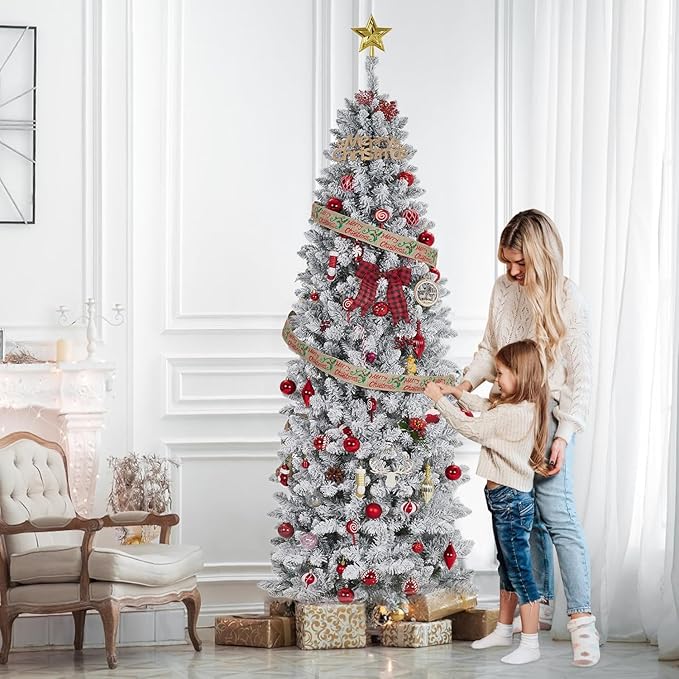 GarveeHome 12 ft Pencil Christmas Tree, Pre-Lit Frosted Artificial Tree, Skinny Xmas Trees Holiday Decoration, with LED Light and Metal Base