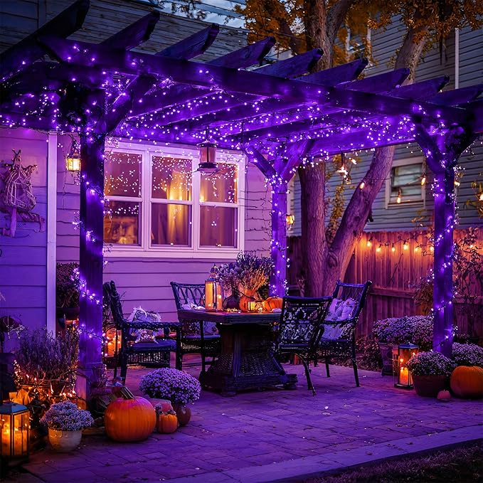 JMEXSUSS 600LED Purple Solar Halloween Lights, 206.7ft Solar String Lights Outdoor Waterproof, 8 Modes Purple Christmas Lights for Outside Yard Patio Tree Garden Xmas Halloween Decor