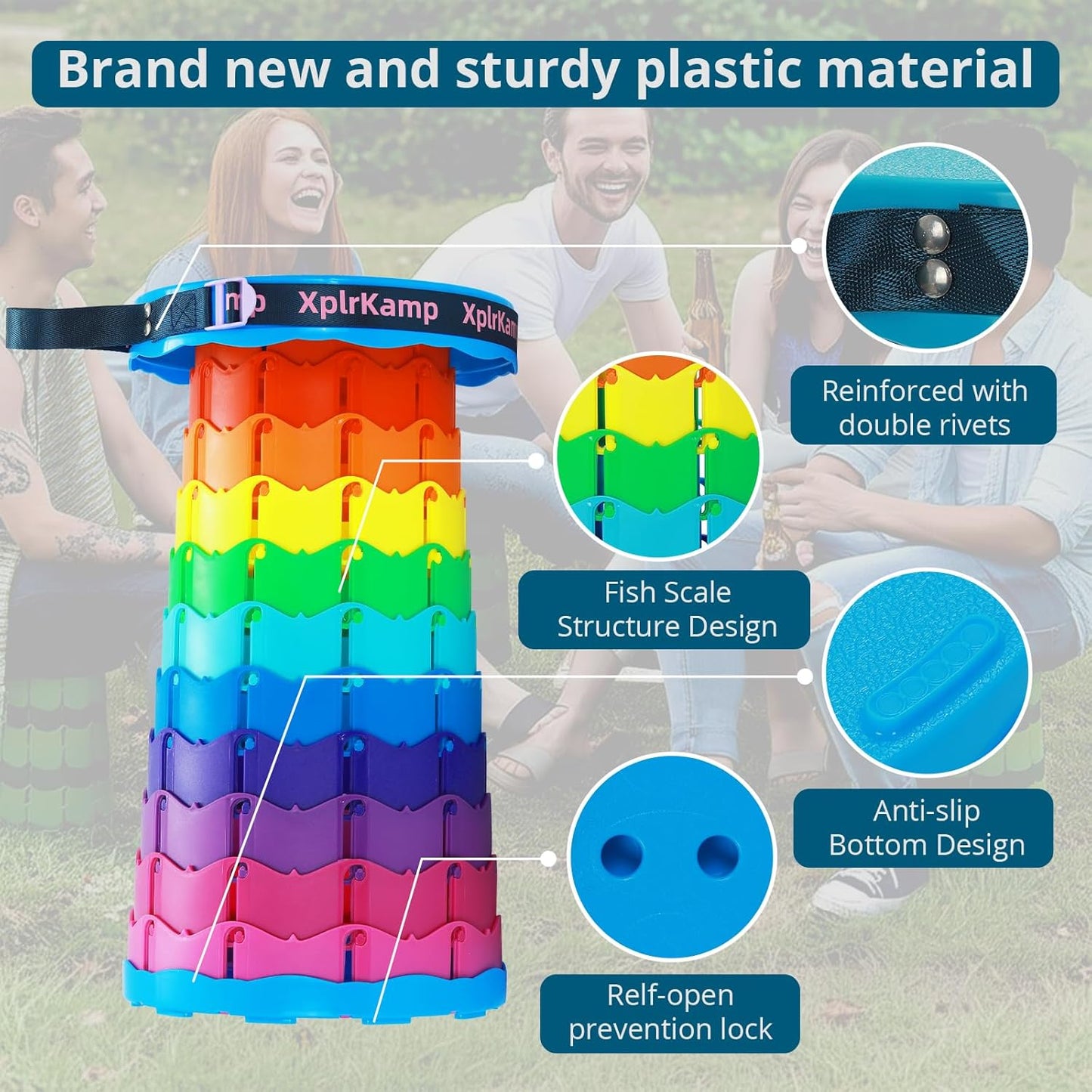 Retractable Folding Stool - Heavy Duty 400 lb Collapsible Portable Stool for Camping, Hiking, Fishing, Indoor/Outdoor with Non-Slip Base and Lightweight Design (Rainbow, 2-Pack)