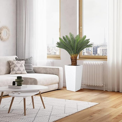 Artificial Palm Tree, 4FT Fake Palm Tree with White Tall Planter, Artificial Plants with Realistic Trunk and Leaves, Faux Sago Palm for Home and Office Décor, No Maintenance Indoor Greenery