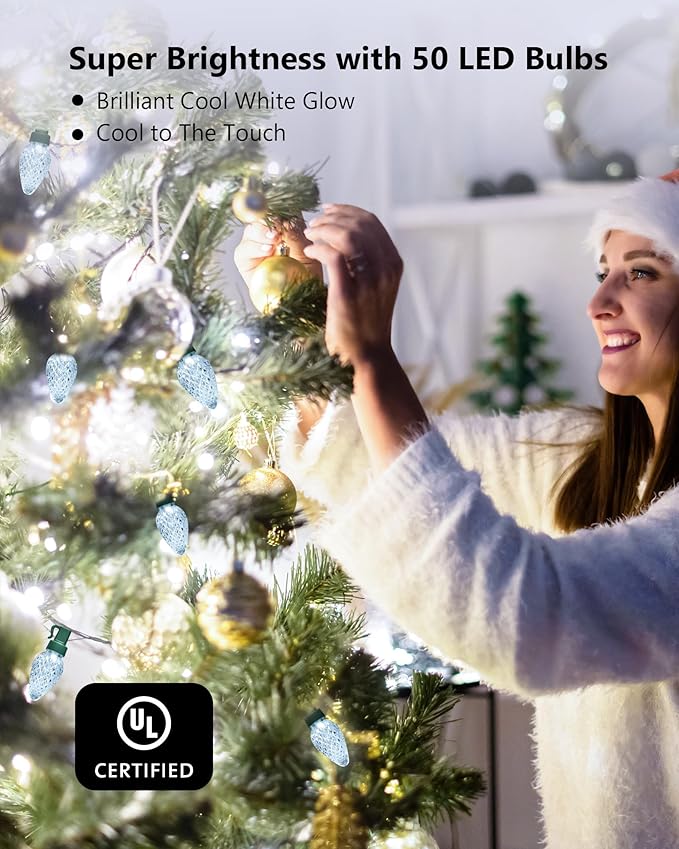 2-Set C7 LED Christmas String Lights, 25.16FT 50 LED Connectable Outdoor Indoor Decorative Light Strand, Cool White Xmas Holiday Lights for House, Christmas Tree, Patio, Party Decoration, UL Listed
