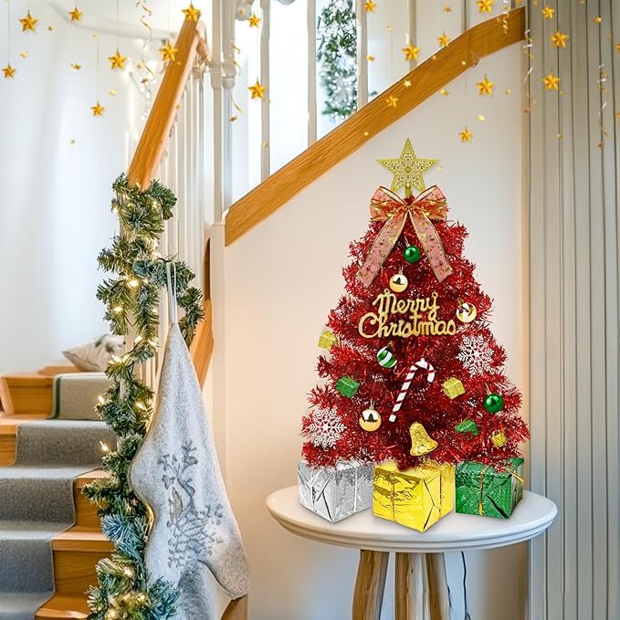 Dual Color Change&Remote Control 24 Inch/2FT Red Tabletop Christmas Tree with Lights Timer, 20 LED Warm White&Colored Lights 8 Modes 27 Orantments Star Boxes Mini Small Xmas Tree Home Holiday Decor