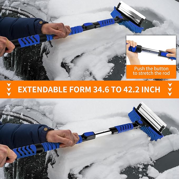 METOWARE 44'' Snow Brush and Ice Scrapers for Car Windshield, Extendable Snow Brush for Car with Ergonomic Foam Grip and 360° Pivoting Brush Head for Car SUV Truck Blue