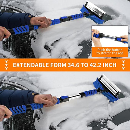 METOWARE 44'' Snow Brush and Ice Scrapers for Car Windshield, Extendable Snow Brush for Car with Ergonomic Foam Grip and 360° Pivoting Brush Head for Car SUV Truck Blue