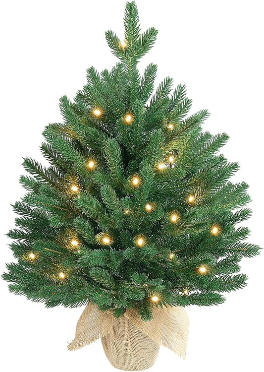 ELYKEN 22'' Mini Christmas Tree with LED Lights, Small Tabletop Artificial Christmas Xmas Holiday Party Decorations for Desk, Indoor Decor