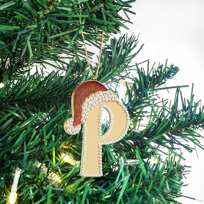 2025 Christmas Initial Ornaments, Letter P Ornaments for Christmas Tree, Red Hat Hanging Ornament for Mother Best Friends Sister Wife|P-Letter Ornament
