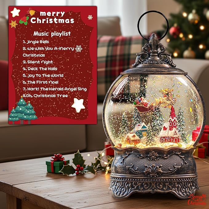 Christmas Snow Globe Lantern with Santa Claus is Coming in his Sleigh!Lighted Swirling Glittering Snow Globes with Music & Timer, Christmas Decorations for Home Tabletop Indoor Gifts