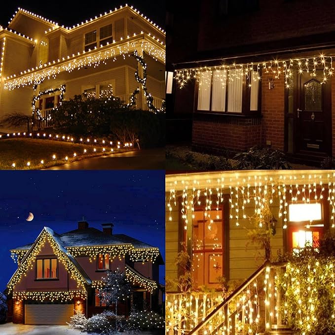 Dazzle Bright 360 LED Christmas Icicle Lights, 29.5 FT 8 Modes Curtain Fairy Lights with 60 Drops, Connectable Xmas String Lights for Outside Holiday Wedding Party Decorations (Warm White)