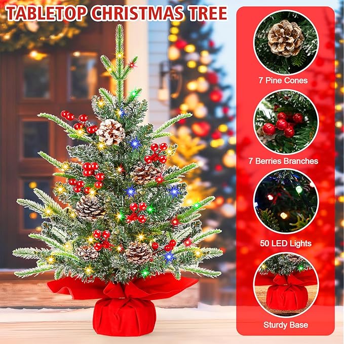 [ Timer & 8 Modes] 24 Inch Realistic Snowy Tabletop Christmas Tree PE&PVC Branches Mini Christmas Tree with 50 Warm White & Muliti Lights Red Berries Pine Cone Indoor Home Christmas Decorations