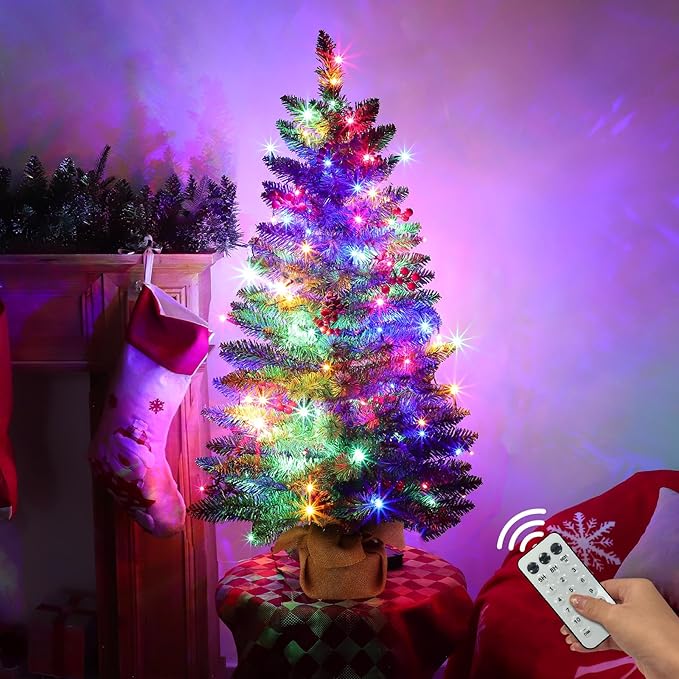 12 Modes & Remote Control - 3 Ft Christmas Tree, Artificial Tabletop Small Christmas Tree Timer 50 Warm White & Multicolored Lights Pine Cones Red Berried Classics Branch Xmas Tree Home Table Decor