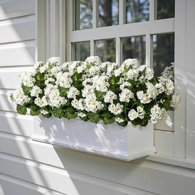 Artificial Geranium Flowers for Outdoors Geraniums Artificial Flowers Realistic Faux Geraniums for Outdoor Planters Silk Geranium Outdoor Fake Flowers Porch Home Kitchen Garden Decor(4PCS，White)