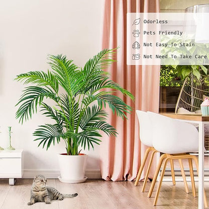 Worth Garden 4ft Artificial Areca Palm Plant, Fake Cane Palm Silk Tree Indoor Outdoor, Dypsis Lutescens, 47in Realistic Faux Silk Plants for Office Decoration
