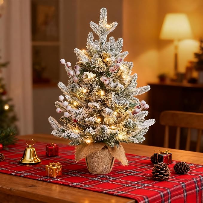 ELYKEN 22'' Mini Christmas Tree with LED Lights, Small Tabletop Artificial Christmas Xmas Holiday Party Decorations with Red Berries Pine Cones for Desk, Indoor Decor