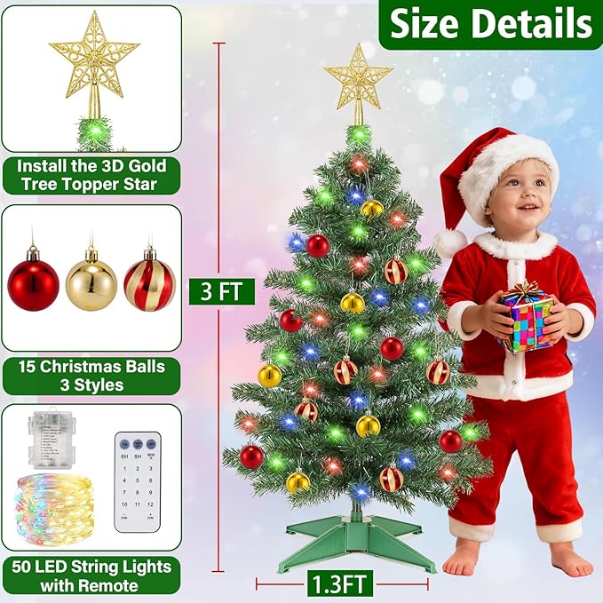 [ 12 Modes & Timer ] 3 Ft Green Small Christmas Tree with 50 LED Lights, 15 Ball Ornaments 3D Star Battery Operated Prelit Christmas Tree Indoor Home Fireplace Holiday Xmas Christmas Decorations