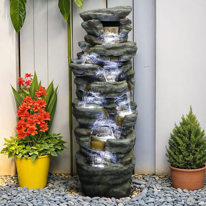 SunJet 51" High Multi-Tiers Cascading Rock Outdoor Water Fountain with LED Lights - Large Outdoor Resin Fountains and Waterfalls for Garden or Patio, Yard, Deck Decor, Featuring Natural Stone Look