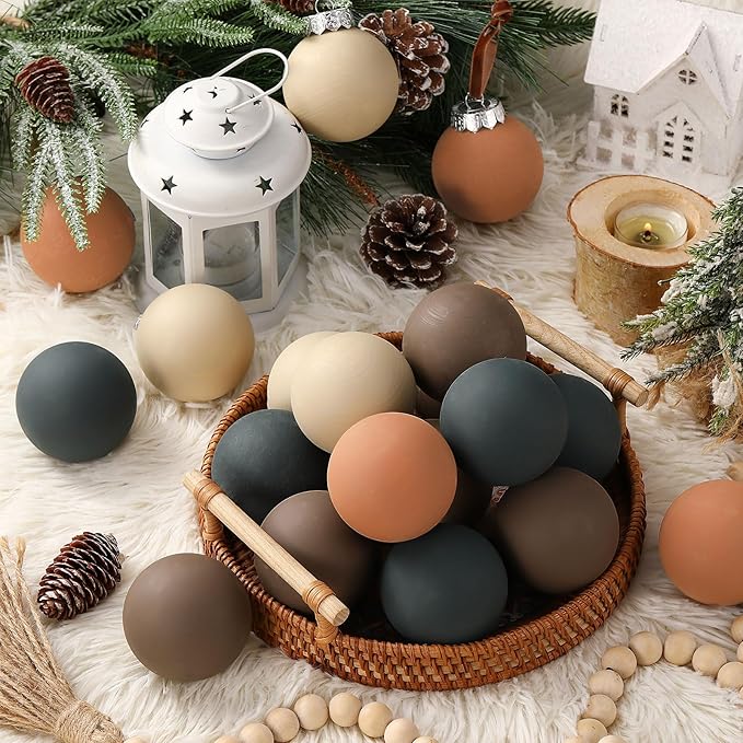 24 Pcs Neutral Matte Christmas Ball Ornaments 2.4 Inch Rustic Boho Brown Black Ivory Terracotta Xmas Bulbs Ornament Vintage Xmas Baubles Modern Christmas Decor for Tree Farmhouse Decor