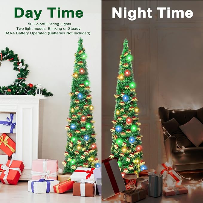 5 FT Pencil Christmas Tree with 90 Colorful Lights, Collapsible Artificial Sequin Pop Up Christmas Tree, Skinny Pencil Tinsel Christmas Trees, Xmas Tree for Home Apartment Basement Fireplace