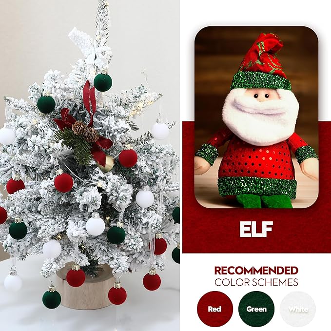 Sea Team 64-Pack Miniature Flocked Velvet Christmas Tree Ball Ornaments Set, Hanging Velour Baubles, Shatterproof Plastic Decorations for Xmas Tree, Wreath, Garland, 30mm/1.18 Inches, Elf