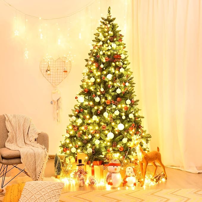 GOFLAME 7.5FT Pre-Lit Christmas Tree with 1526 Branch Tips, Premium PVC Needles, Hinged Artificial Christmas Tree w/Sturdy Metal Stand, Pine Cones and Red Berries for Home, Office, Shops and Hotels