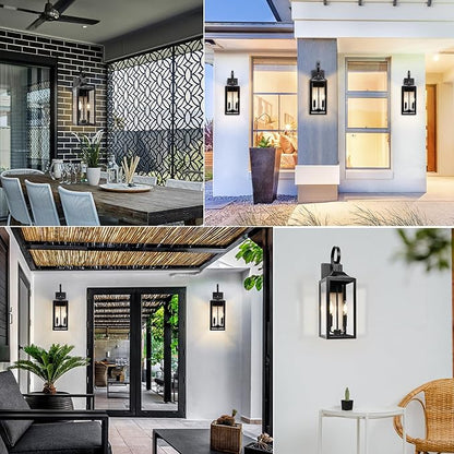 19" Black Outdoor Wall Lantern 2-Light, Large Outside Modern Porch Sconce Light Fixture, Industrial Porch Light Wall Mount with Glass, Waterproof Farmhouse Exterior Lamp Lighting （1 Pack）