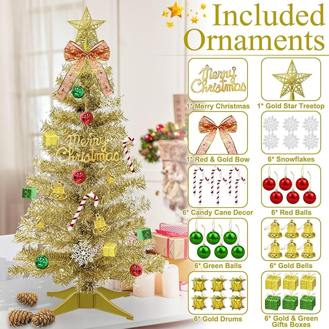 3Ft Small Christmas Tree with Timer Remote, 8 Modes 50 Warm White&Colorful Change Lights, 3D Star&44 Ornaments, Battery Operated, Mini Christmas Tree Table Indoor Holiday Party Decor