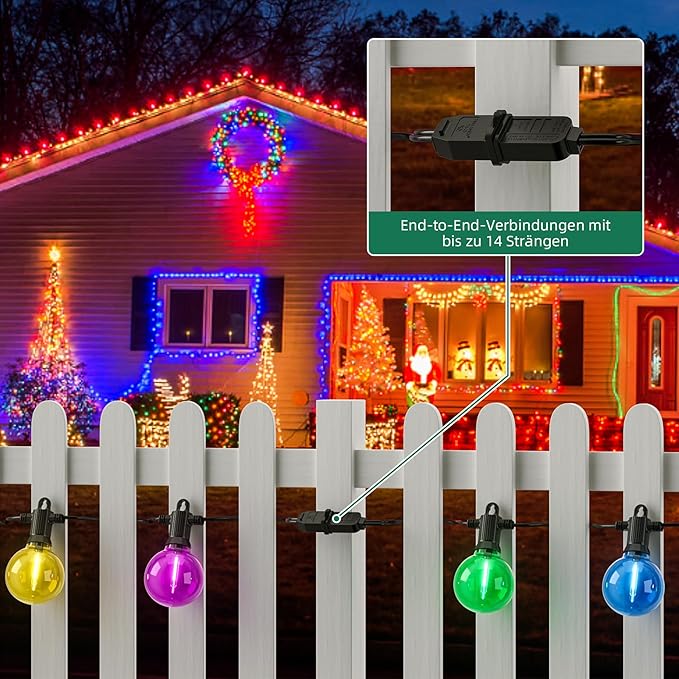 Christmas Lights Outdoor Colored String Lights, 50FT Multicolor String Lights with 25 LED G40 Bulbs Waterproof Patio Lights for Garden Backyard Yard Bistro Holiday Party Halloween