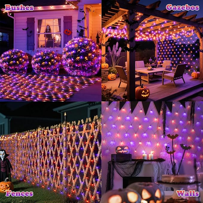 LitHome 21FT x 5FT Halloween Net Lights, 360 LED Purple Orange Bush Lights with 8 Modes, Connectable Waterproof Net Mesh Light Dark Green Wire for Bushes Shrubs Trees Outdoor Holiday Decor