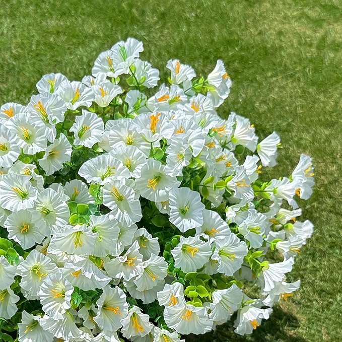 10 Bundles Artificial Flowers for Outdoor,UV Resistant Fake Petunia Flowers,Faux Plants for Outside Hanging Planters,Artificial Plants for Indoor Porch Garden Home Wedding Decor(White)