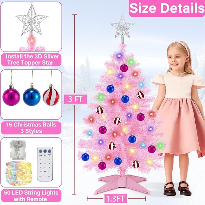 [ Remote Control & 12 Modes ] 3 Ft Christmas Tree with Timer 50 Warm White & Multi Color Lights, 15 DIY Ornaments 3D Star Topper - Artificial Small Pink Christmas Tree for Home Indoor Tables - Pink