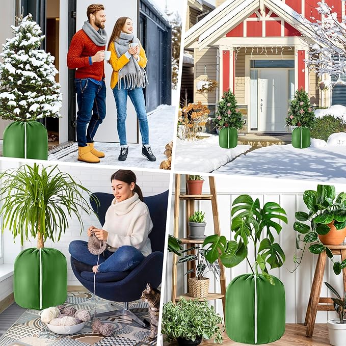 2 Pcs Plant Pot Covers for Winter Potted Plant Freeze Protection Cover Frost Jacket with Zipper Drawstring to Keep Outdoor Plants Flowers Shrubs Trees Warm (17.7" D x 19.7" H - Green)
