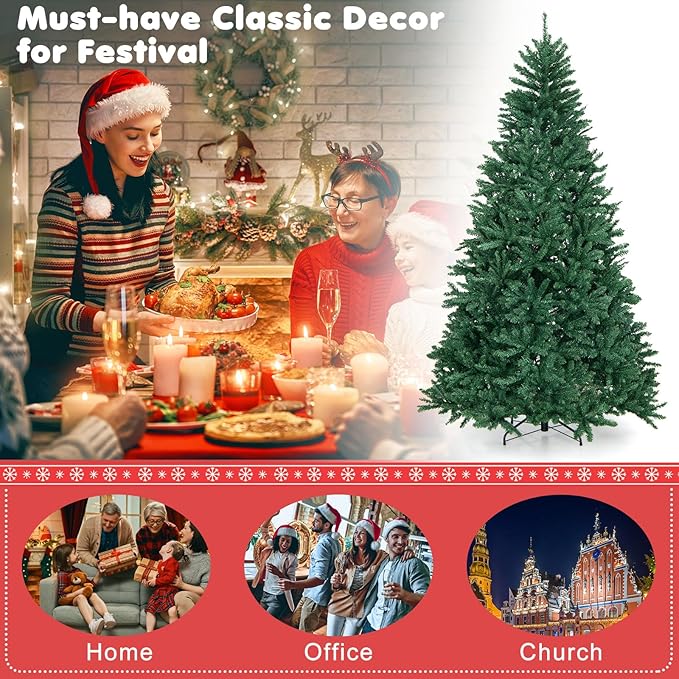 HAPPYGRILL 7.5FT Artificial Xmas Tree, Hinged Fake Xmas Tree with 2254 PVC Branch Tips, Foldable Metal Stand, A Pair of Gloves, Seasonal Decoration Tree for Home Office Party Festival