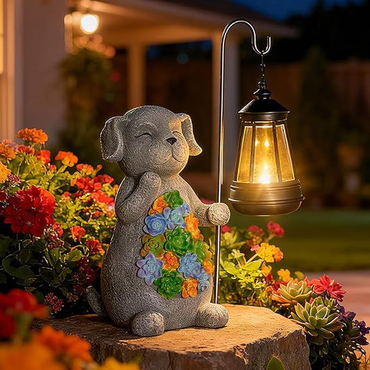 Solar Dog Garden Statue with Lantern – Waterproof Resin Outdoor Decor for Yard, Lawn, Flower Bed, Backyard, Front Yard, Patio, Balcony – Gift for Dog Lovers