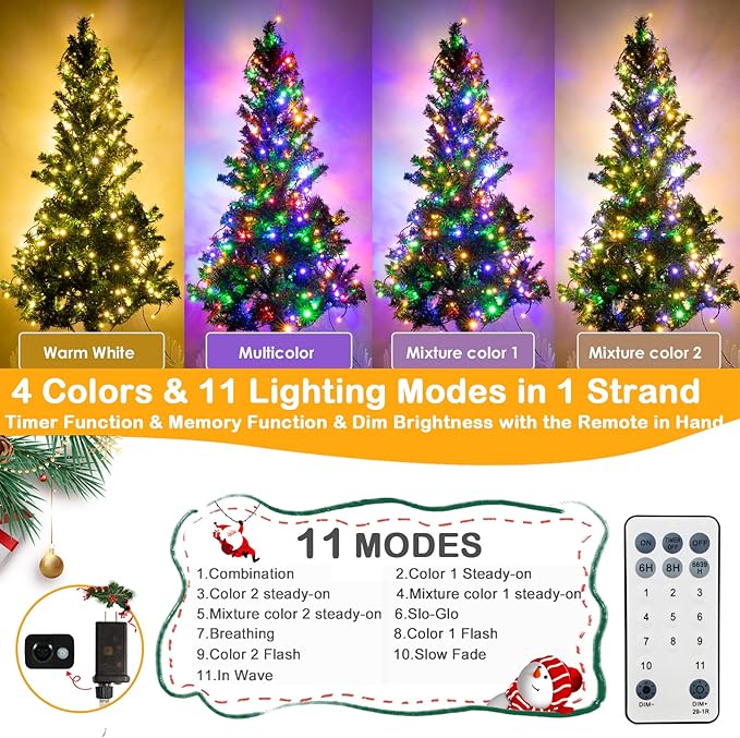 Decute 300LED Christmas Tree Lights Outdoor Indoor String Lights 108FT Extendable, 11 Modes 4 Colors Changing Waterproof Twinkle Fairy Lights Party Decor with Timer Remote(Warm White & 3 Multicolors)
