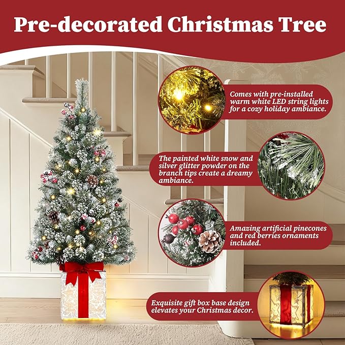 Brightever 4FT Christmas Tree with Warm White LED Lights, Pre-lit Artificial Small Xmas Tree with Gift Box Base & Ornaments, Plug in Outdoor Xmas Trees for Porch, Tabletop, Desk, Green, Easy to Setup